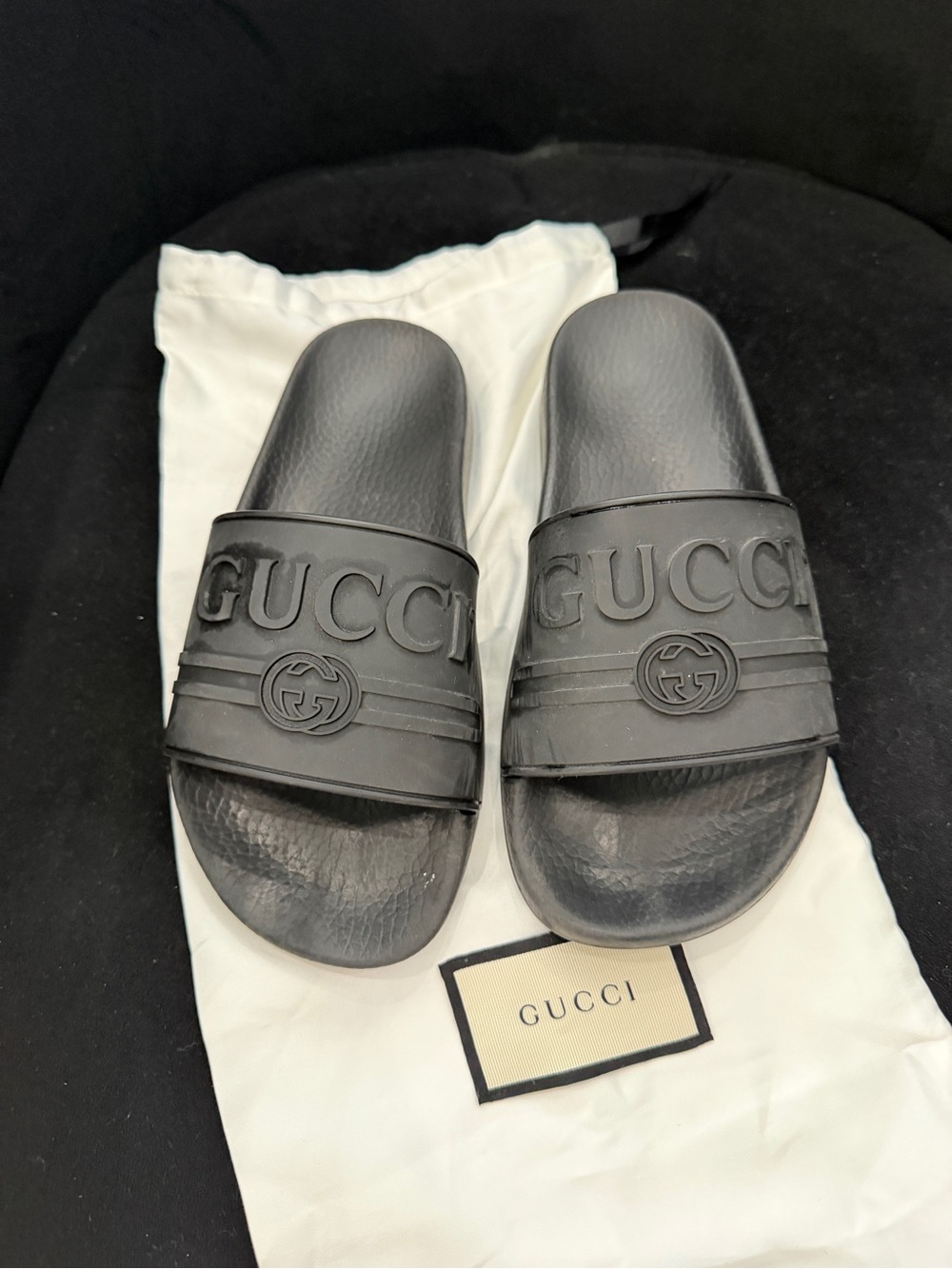 Gucci Matte Black Embossed Logo Slide Sandals - Picture 3 of 5